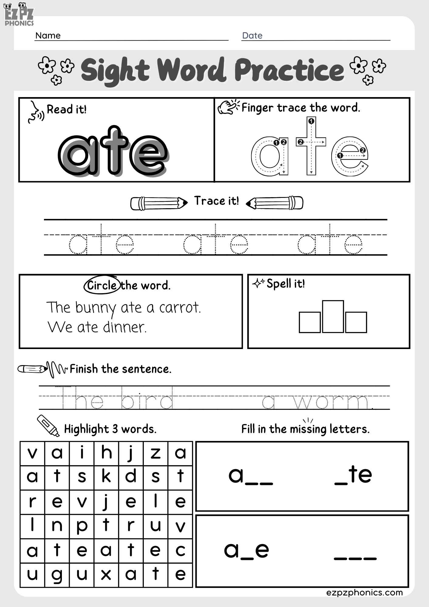 Dolch Kindergarten Sight Word “Ate” – Downloadable PDF Worksheet